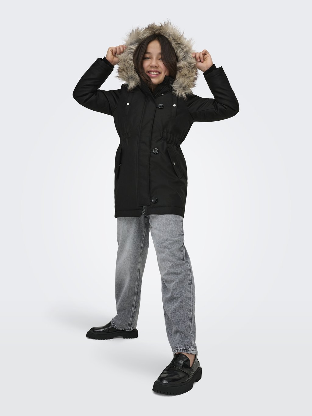 Girls' parka with faux fur - black